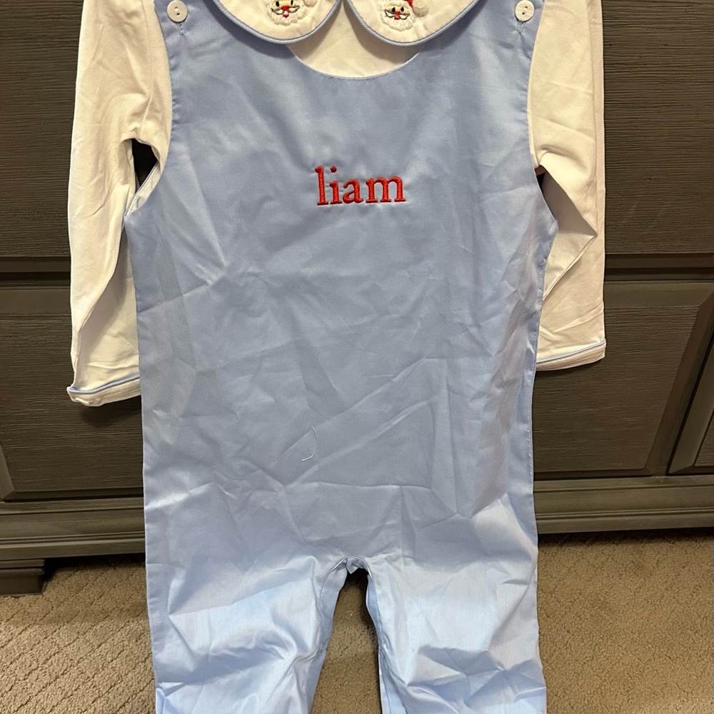 Cecil and Lou “liam” Embroidered Santa Long Romper Set - 2T